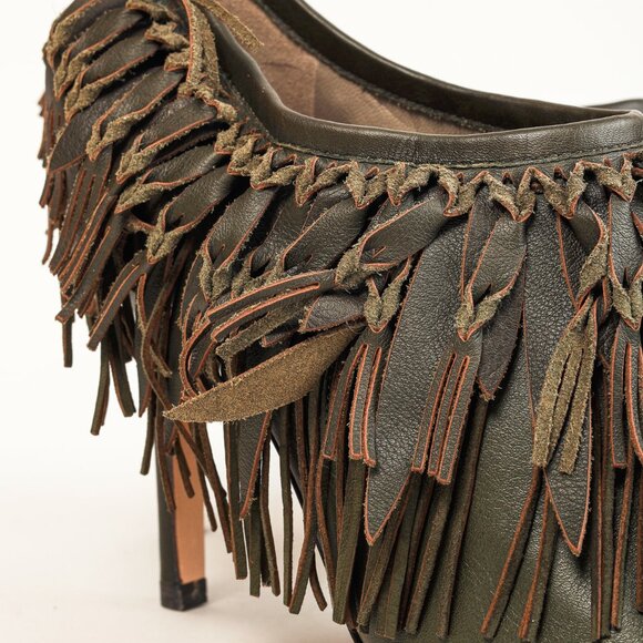 Sergio Rossi Green Leather Fringe Peep-Toe Bootie - Picture 7 of 11